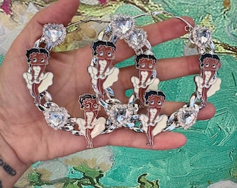 Betty Boop Vintage Cartoon Charm Hearts Chain Hoop Earrings