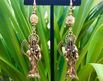 Large Santa Muerte Religious Mexico Saint Death Mictlantecuhtli Grim Reaper Drop Earrings