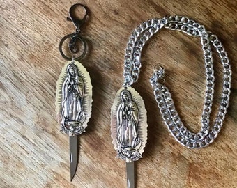 Beautiful Virgen de Guadalupe Tonantzin Mexican Catholic Knife Necklace