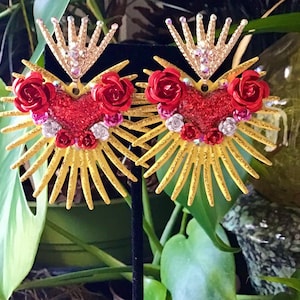 Sacred Heart Cross Colorful Gem Rhinestone & Metal Rose Drop Earrings