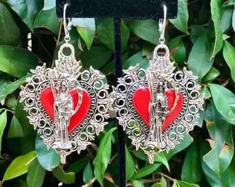 LARGE Sacred Heart Milagro Santa Muerte Drop Earrings