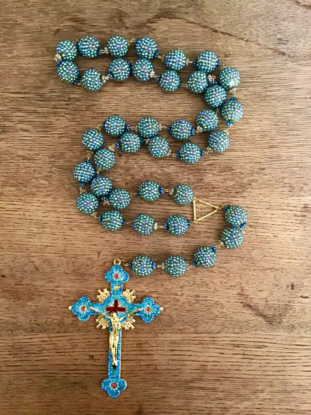 Large Hand Painted Embellished Catholic Wall Cross Crucifix Rosary Bead ...