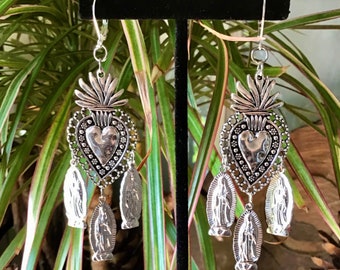 Sacred Heart Virgen de Guadalupe Milagro Charm Drop Earrings