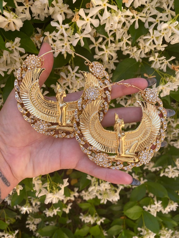 LARGE 90s Style Egyptian Goddess Isis Rhinestone Inlay Acrylic Cuban Link Hoop Earrings