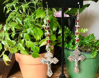 Religious Jesus Cross Vintage Rosary Bead Catholic Christian Drop Earrings