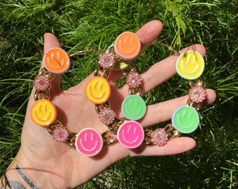 LARGE 90s Style Happy Face Rhinestones Acrylic Cuban Link Hoop Earrings