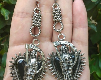 Santa Muerte Sacred Heart Milagro Mexico Saint Death Mictlantecuhtli Grim Reaper Drop Earrings