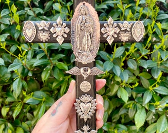 OOAK Virgen de Guadalupe Tonantzin Sacred Heart Milagro Mexican Wall Cross Sculpture