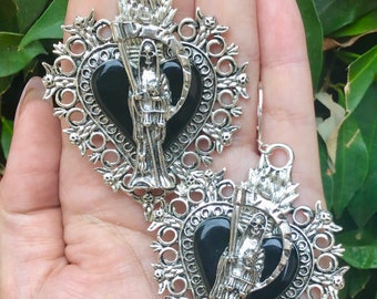 LARGE Sacred Heart Milagro Santa Muerte Drop Earrings