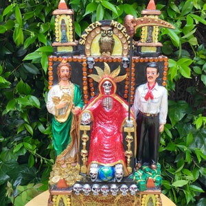 OOAK religiöse lebendige rote Santa Muerte St Jude Jesus Malverde La Flaca Mictlantecuhtli Sensenmann mexikanische Statue Skulptur Altar