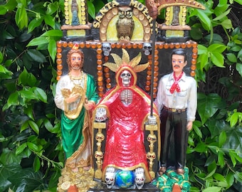 OOAK Religious Vibrant Red Santa Muerte St Jude Jesus Malverde La Flaca Mictlantecuhtli Grim Reaper Mexican Statue Sculpture Altar