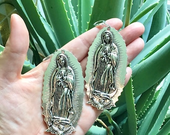 Large 3x1.5 Virgen de Guadalupe Tonantzin Mexican Catholic Drop Earrings