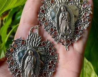 LARGE Sacred Heart Milagro La Virgen de Guadalupe Drop Earrings