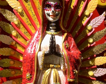 OOAK Virgen de Guadalupe Dia De Los Muertos Calavera meksykańska statua
