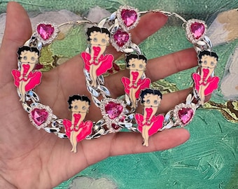 Betty Boop Vintage Cartoon Charm Hearts Chain Hoop Earrings