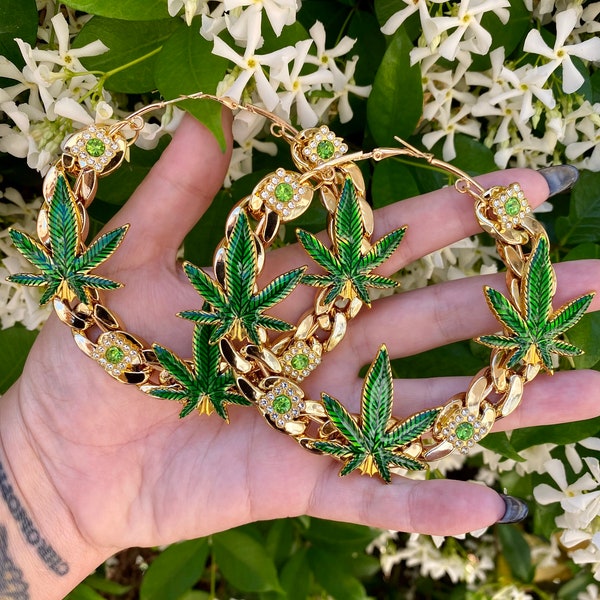 LARGE 90s Style Weed Marijuana Leaf 420 Rhinestone Acrylic Cuban Link Chain Hoop Earrings