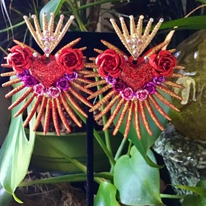 Sacred Heart Cross Colorful Gem Rhinestone & Metal Rose Drop Earrings