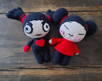 Gehäkeltes Plüschpaar Garu und Pucca – Handgemachte Amigurumis – Verspielte und liebenswerte Dekoration