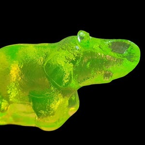 May include: A translucent, lime green gummy candy shaped like a hippopotamus. The candy has a glossy, textured surface and is set against a solid black background. The hippo is facing right.