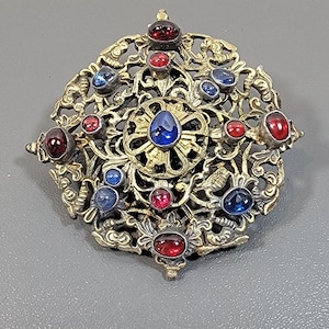 Austro-Hungarian Hungarian brooch large blue red stones