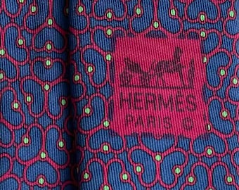 Hermes Vintage Silk Necktie Modern Geometric Pattern Blue Red Spring Green Trefoil Design Luxury Tie