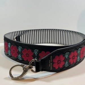 Henri Bendel Reversible Purse Strap Embroidered Flowers Black and White Stripes Silver Toned Metal Clasps Etsy