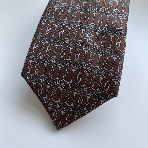 Vintage Celine Silk Necktie Repeating Horse bit design Brown Black and White Luxury necktie