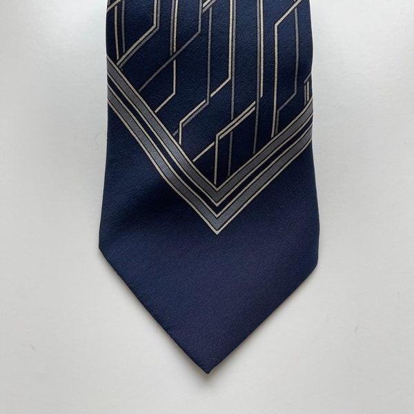 Vintage Lanvin Silk Tie Blue, White, Grey Geometric Design Made in France