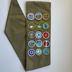 Vintage Boy Scout Badges on Merit Badge Sash 15 BSA Badges Camping Swimming Forestry Reading Lifesaving basketry, Pulp and Paper image 1