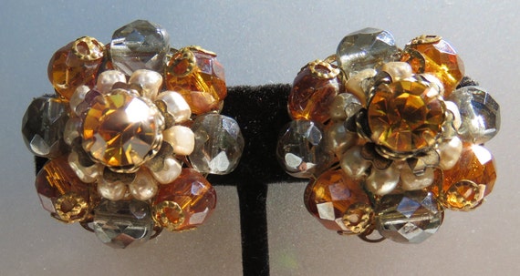 pearls earrings with  rhinestone beads Amber Smok… - image 1