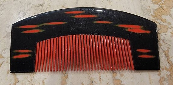 Japanese hair comb modern black red green lacquer… - image 5