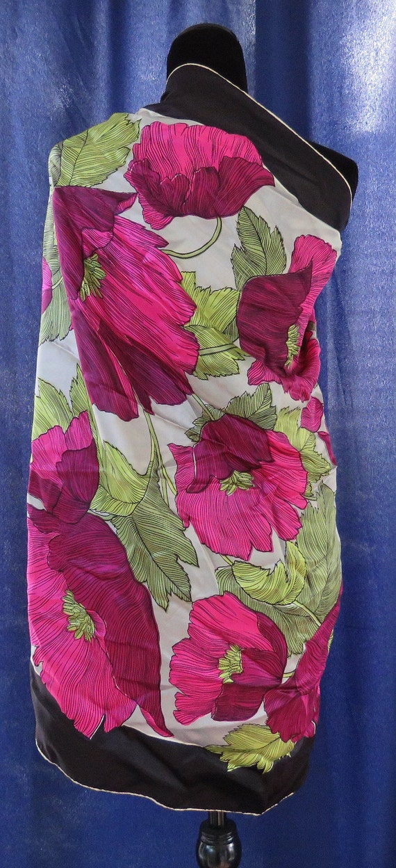 Hot floral scarf Fuschia poppies green leaves Silk