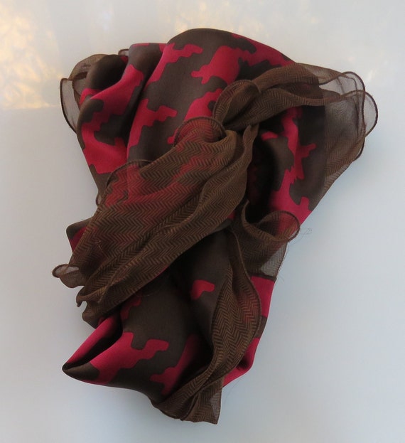 Houndstooth Silk Scarf Red and Brown Rectangular … - image 3