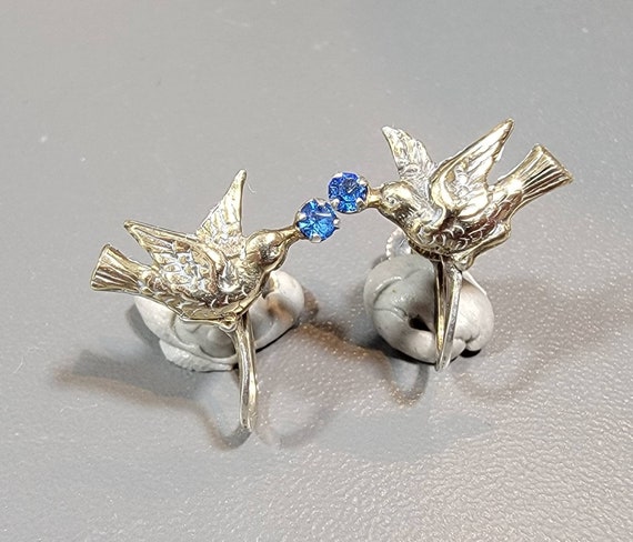 Blue bird earrings small Sterling earrings Blue rhinestone accents Screw on