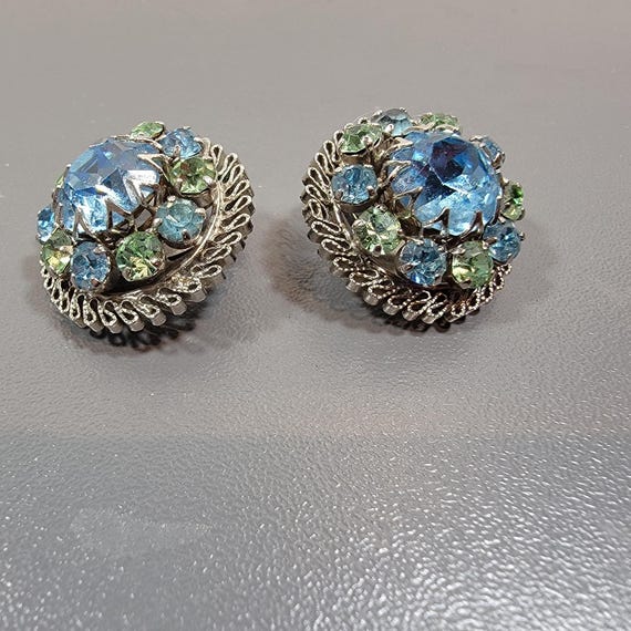 rhinestone earrings Austria clip on blue and green