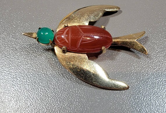Scarab brooch bird gold filled real look semi precious stones