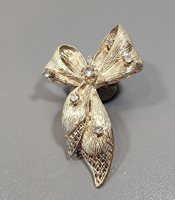 BOW brooch sterling silver plated gold crystals l… - image 1