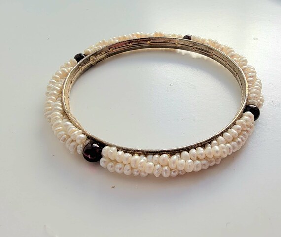 pearl bracelet  bangle rice pearls and garnet beads