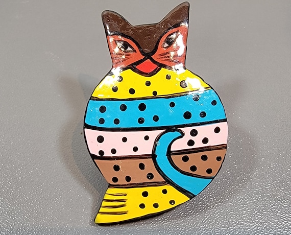 cat pin wood brooch bright colors cheerful