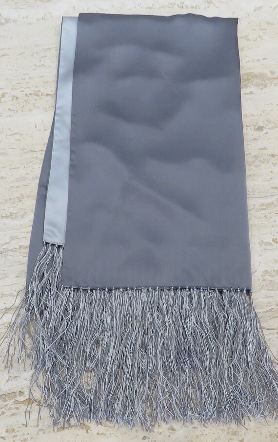 Large silk two color silver grey fringed scarf si… - image 3