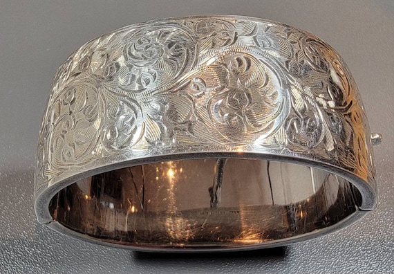 sterling silver bangle wide engraved foliate design dented