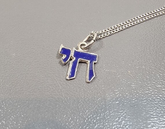 jewish symbol chai hebrew letter pendant white gold blue enamel sterling silver chain