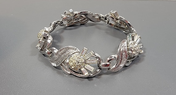 trifari bracelet silver tone rhinestone floral links baguettes and pave