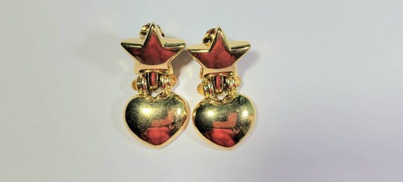 star and heart earrings Vintage shiny gold tone d… - image 3