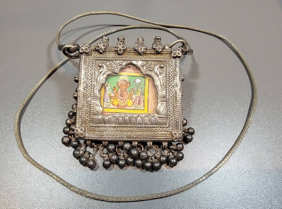 Rajasthan silver amulet Ganesha pendant long chain bells painting