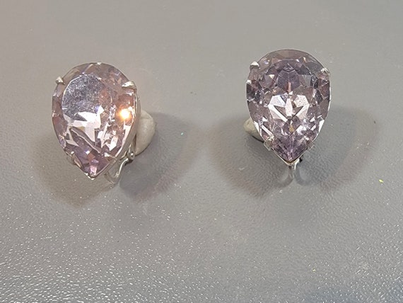 rhinestone earrings light lilac purple teardrop clip on style