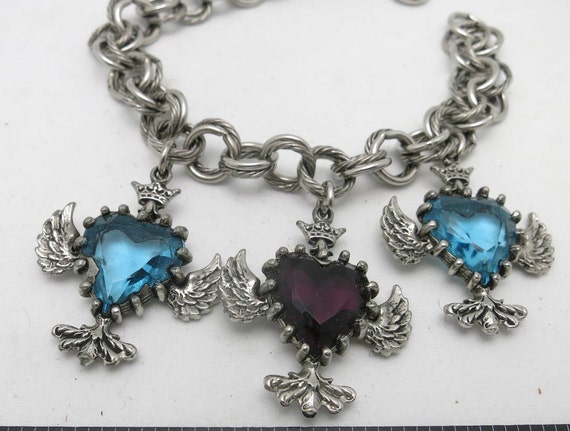 Hearts and crowns charm bracelet blue rhinestone hearts