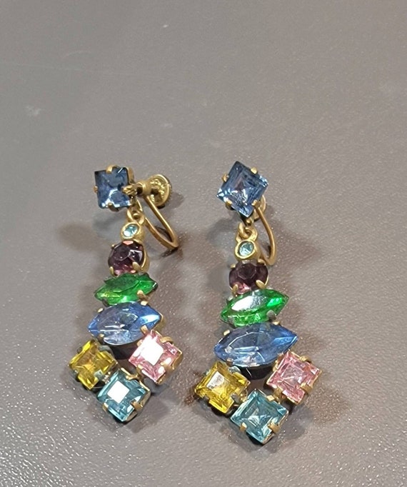art deco earrings dangle rhinestones prong set pink blue green spring colors