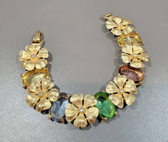 floral bracelet pastel rhinestone gold tone metal links