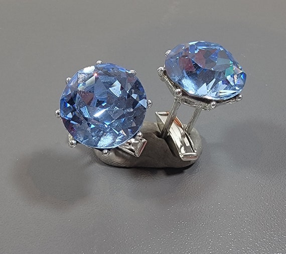 blue rhinestone cuff links large silver tone metal